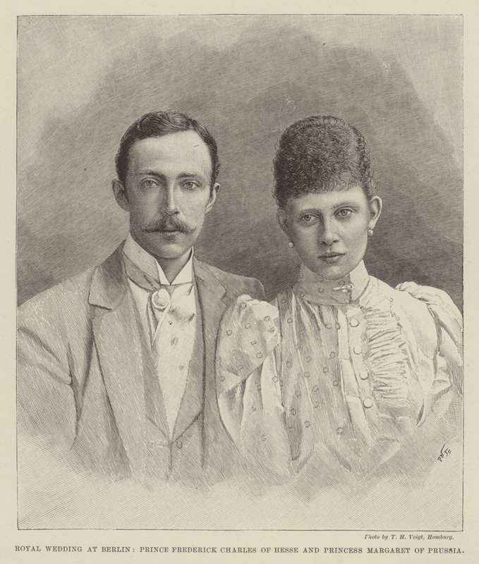 Mariage royal à Berlin, Prince Frederick Charles de Hesse et Princesse Margaret de Prusse (gravure) - English School