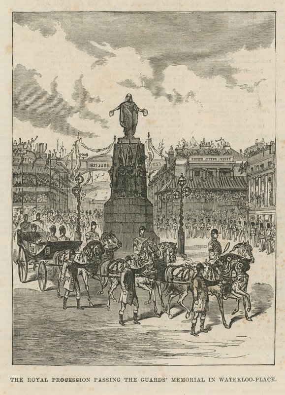 Procession royale passant devant le mémorial des gardes à Waterloo Place - English School