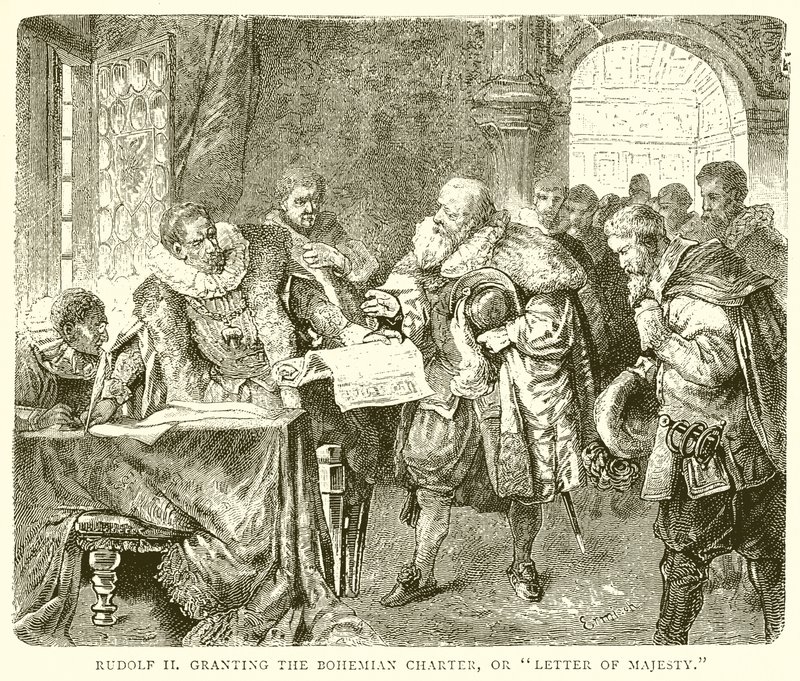 Rodolphe II accordant la Charte de Bohême, ou Lettre de Majesté - English School