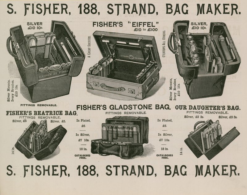 S Fisher, 188 Strand, fabricant de sacs - English School
