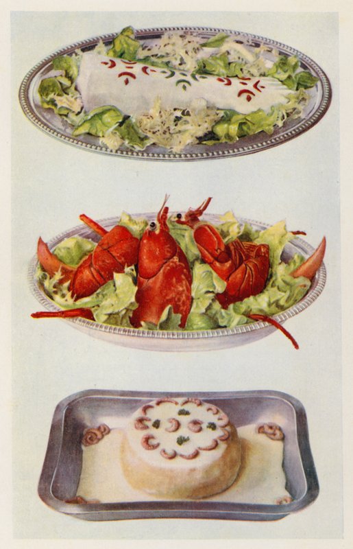 Mayonnaise de saumon ; Salade de homard ; Soufflé de poisson (lithographie en couleur) - English School