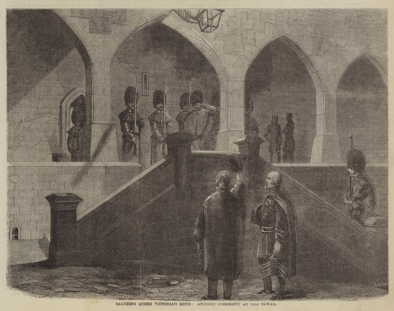 Salutation des clés de la reine Victoria, ancienne cérémonie à la Tour (gravure) - English School