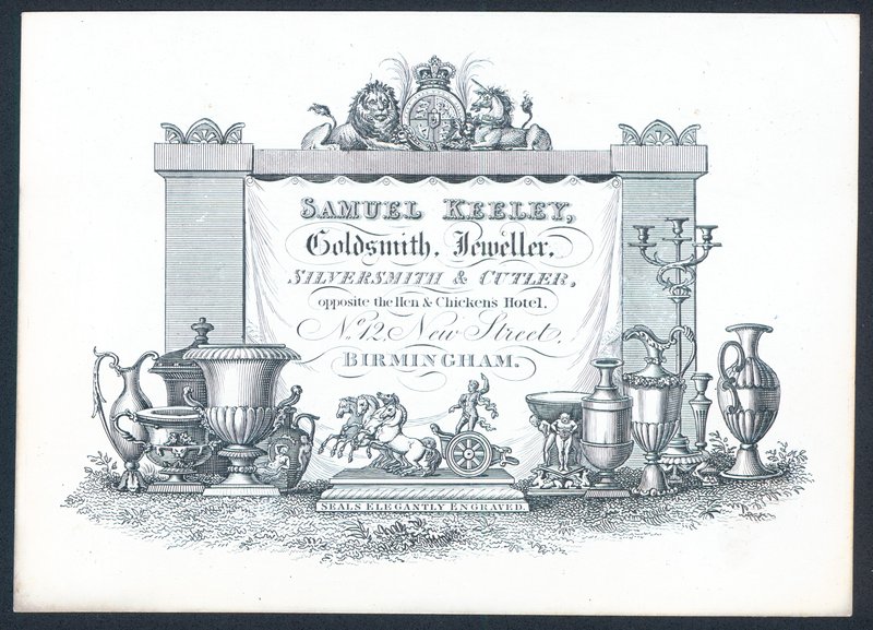 Samuel Keeley, orfèvre, bijoutier, argentier et coutelier, carte de visite - English School