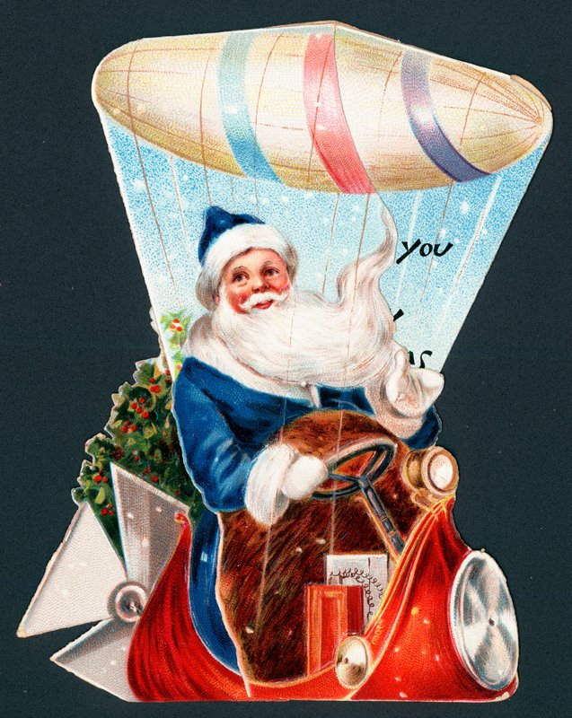 Père Noël conduisant un dirigeable, carte de Noël - English School