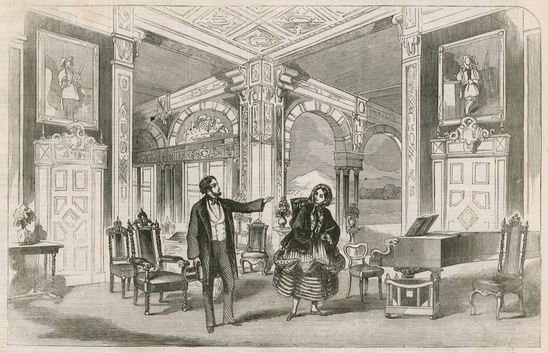 Scène du nouveau spectacle de Miss P Horton à la Gallery of Illustration, Regent Street, Londres - English School