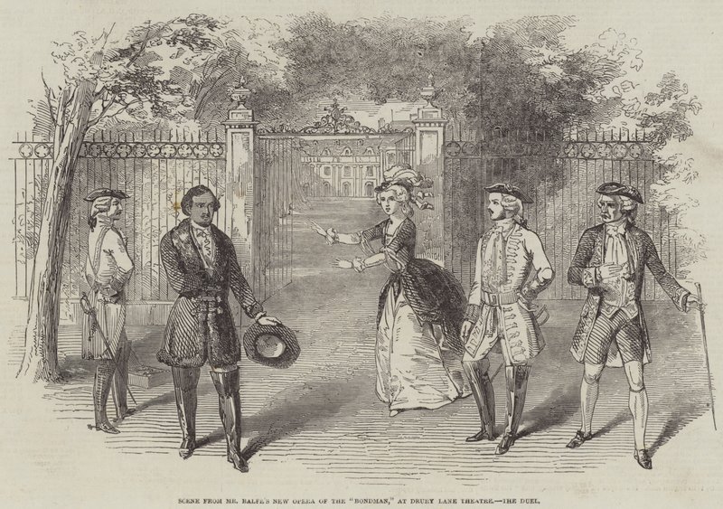Scène de la nouvelle opéra de M. Balfe "Le Bondman" au théâtre de Drury Lane, le duel - English School