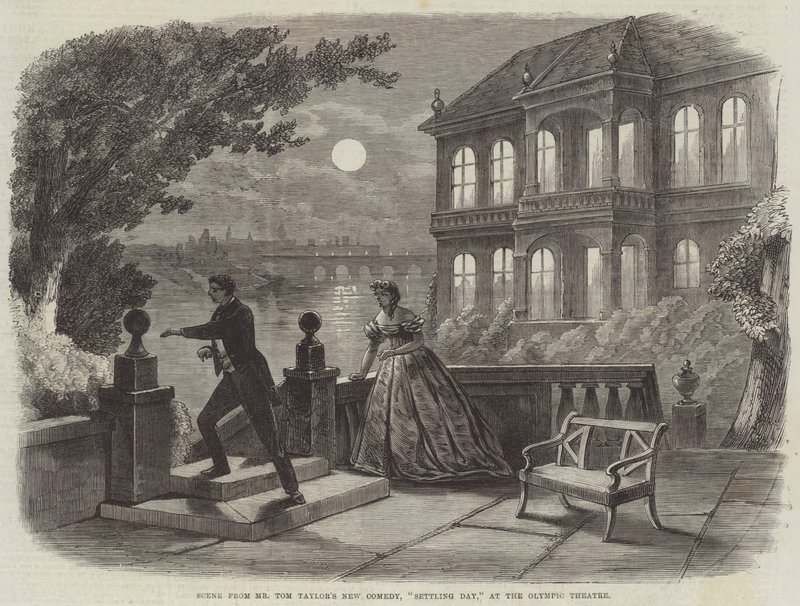 Scène de la nouvelle comédie de M. Tom Taylor, "Settling Day," au théâtre olympique - English School