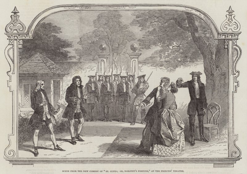 Scène de la nouvelle comédie "St Cupid; ou, la fortune de Dorothy," au théâtre Princess (gravure) - English School