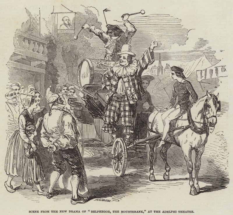 Scène du nouveau drame "Belphégor, le saltimbanque," au théâtre Adelphi - English School