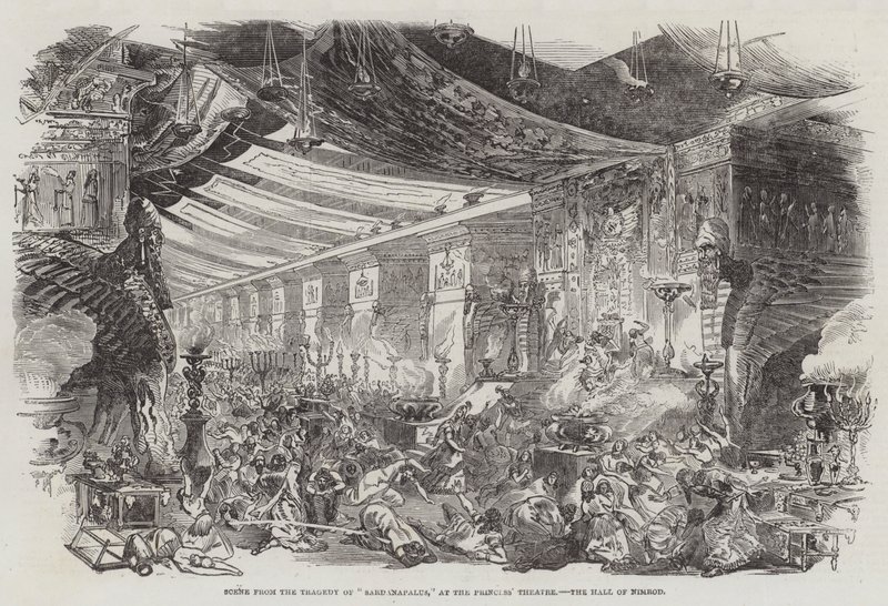 Scène de la tragédie de "Sardanapalus," au théâtre Princess, la salle de Nimrod (gravure) - English School