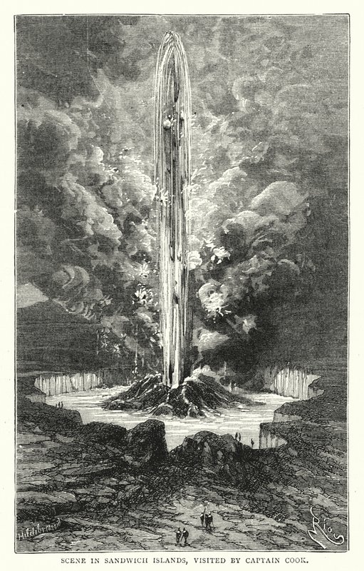 Scène aux îles Sandwich, visitées par le capitaine Cook (gravure en couleur) - English School
