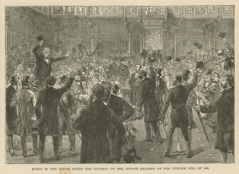 Scène à la Chambre des communes après la division sur la deuxième lecture du projet de loi de réforme de 1866 - English School