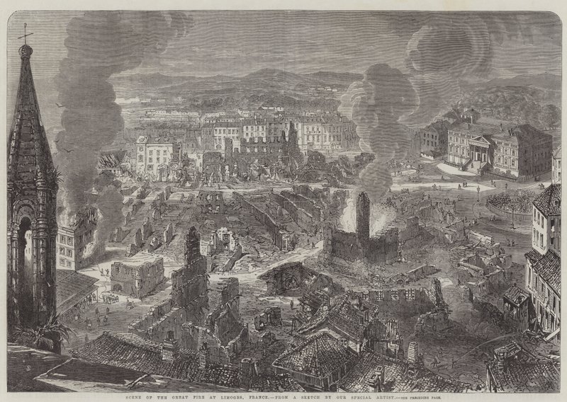 Scène du grand incendie à Limoges, France - English School
