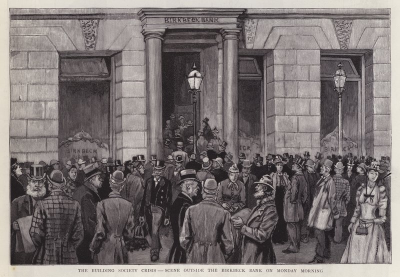 Scène devant la Birkbeck Bank, Londres, pendant la crise des sociétés de construction de 1892 - English School