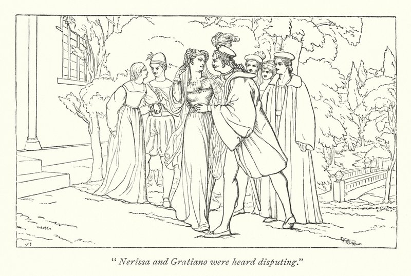 Portia se révélant comme les prétendus Docteurs en Droit (gravure) - English School