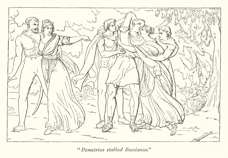 Titus Andronicus de Shakespeare; Démétrius, instigué par Tamora, assassine Bassianus - English School