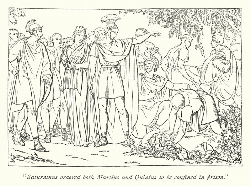 Titus Andronicus de Shakespeare; Martius et Quintus arrêtés pour le meurtre de Bassianus - English School