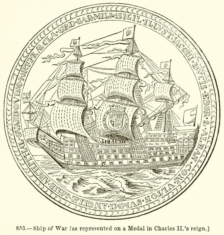 Navire de guerre (représenté sur une médaille du règne de Charles II) - English School