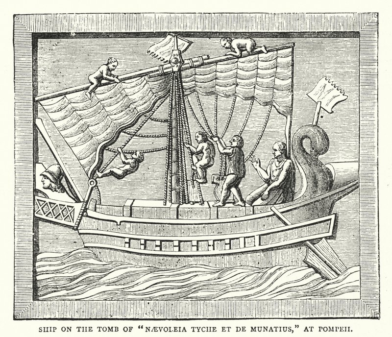 Navire sur la tombe de "Naevoleia Tyche et de Munatius," à Pompéi (gravure en couleur) - English School