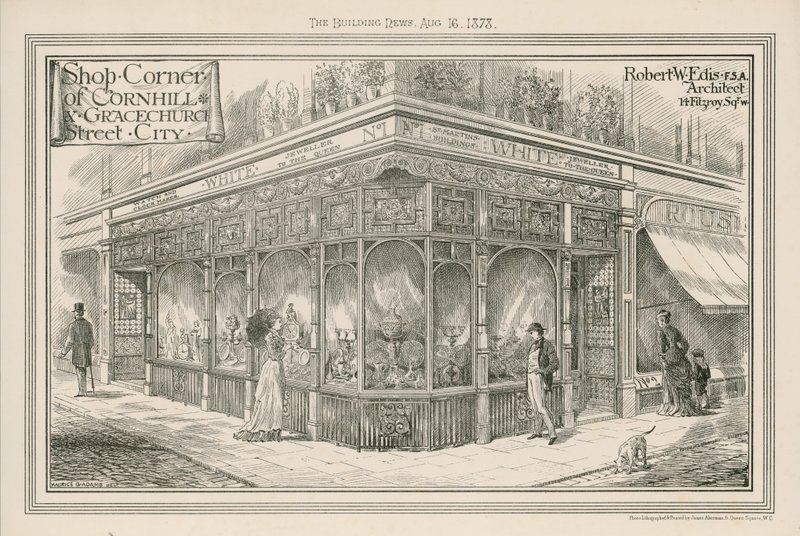 Boutique au coin de Cornhill et Gracechurch Street, City, Londres - English School