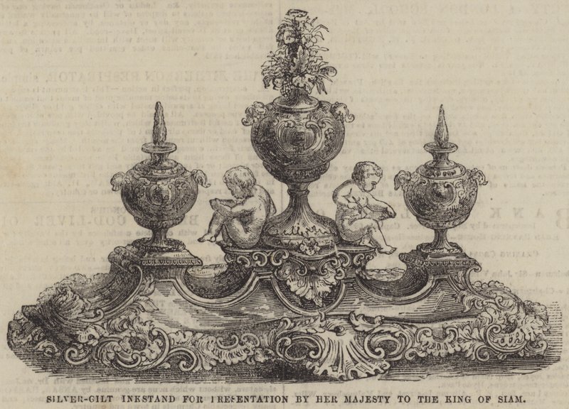 Encrier en argent doré pour présentation par Sa Majesté au roi de Siam (gravure) - English School