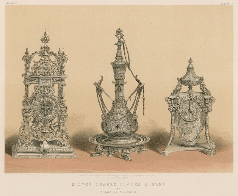 Horloges et aiguière en argent ciselé par Barbedienne, Paris - English School