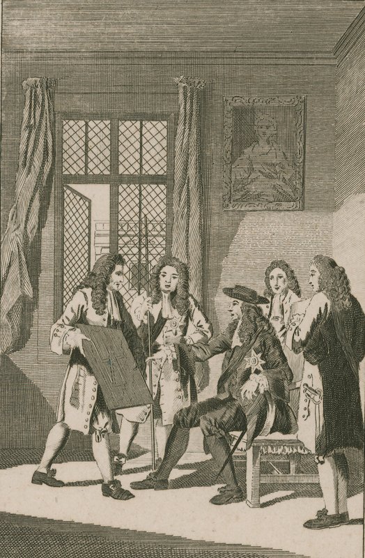 Sir Christopher Wren présentant à Charles II son plan de reconstruction de la ville de Londres - English School