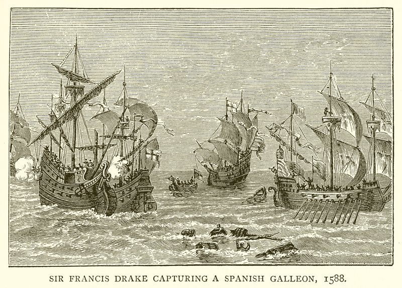 Sir Francis Drake capturant un galion espagnol, 1588 - English School