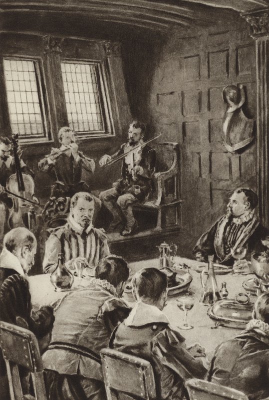 Sir Francis Drake, dînant sur le Golden Hind au son des violons - English School