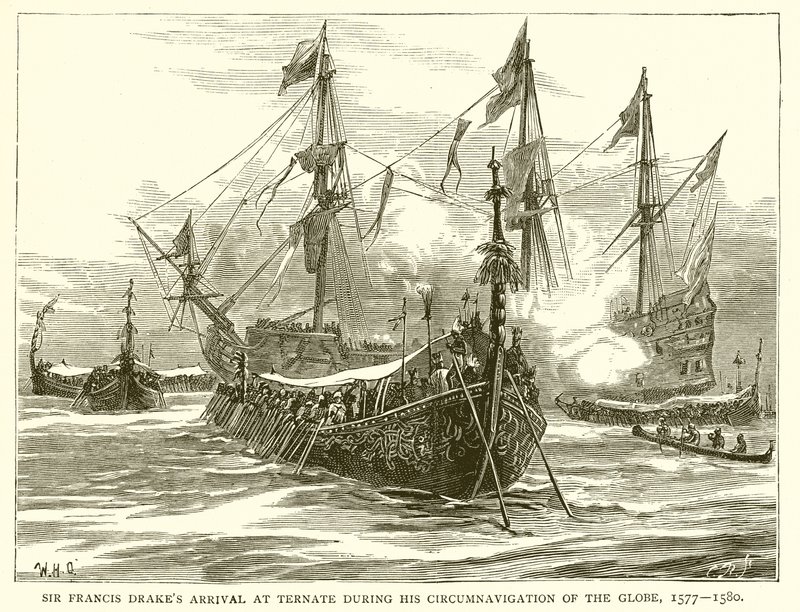 Arrivée de Sir Francis Drake à Ternate lors de son tour du monde, 1577-1580 - English School