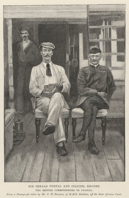 Sir Gerald Portal et le Colonel Rhodes, les commissaires britanniques en Ouganda (gravure) - English School