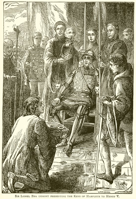 Sir Lionel Bra Uemont présentant les Clés de Harfleur à Henri V - English School