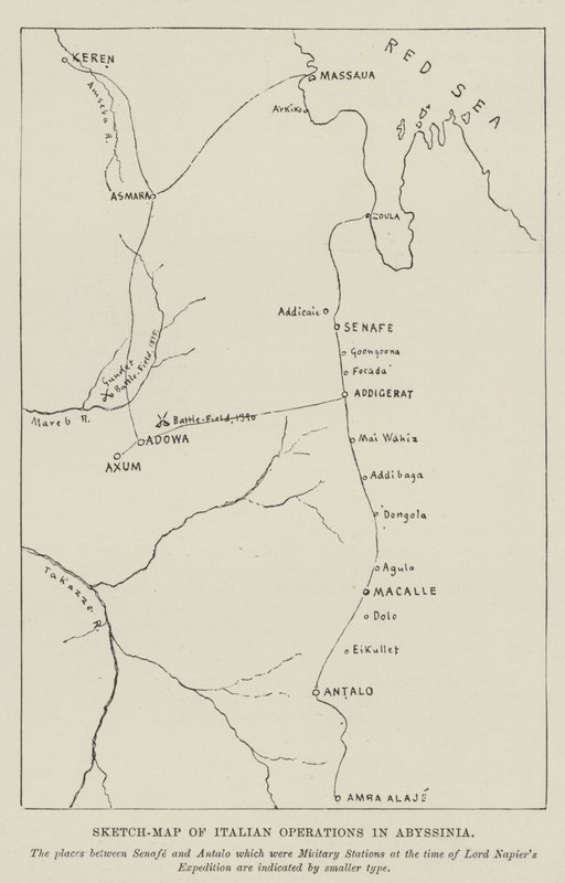 Carte schématique des opérations italiennes en Abyssinie (gravure) - English School