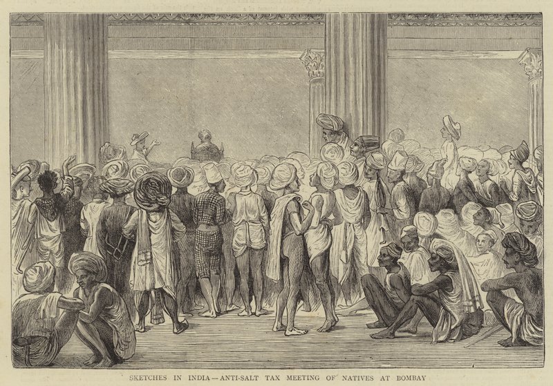 Croquis en Inde, réunion anti-taxe sur le sel des indigènes à Bombay (gravure) - English School