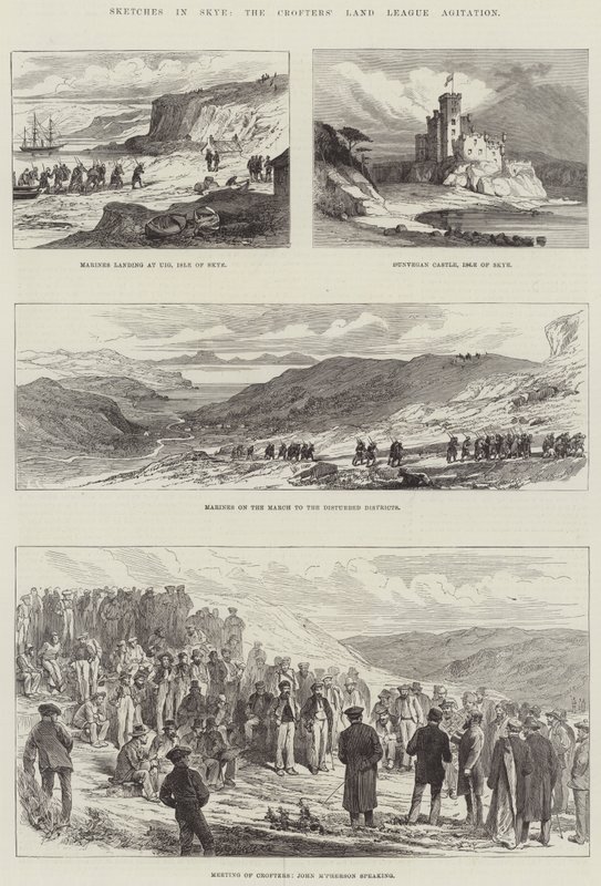 Croquis à Skye, agitation de la Ligue des terres des crofters (gravure) - English School