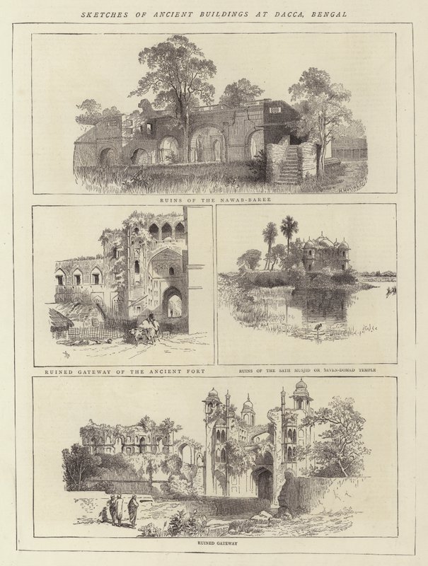 Croquis de bâtiments anciens à Dacca, Bengale (gravure) - English School