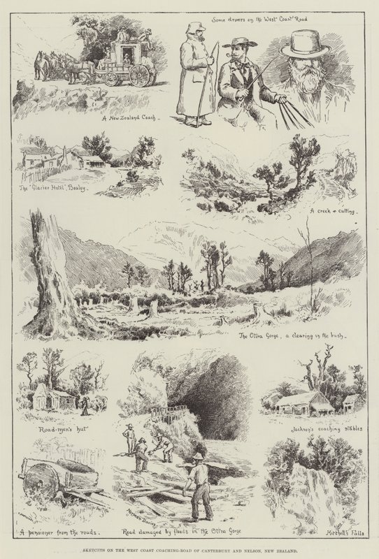 Croquis sur la route de la côte ouest de Canterbury et Nelson, Nouvelle-Zélande - English School
