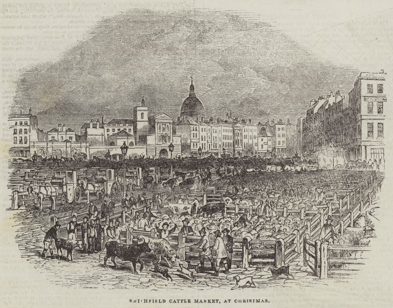 Marché aux bestiaux de Smithfield, à Noël (gravure) - English School
