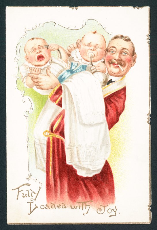 Homme fumant essayant de calmer des bébés, carte de Noël - English School