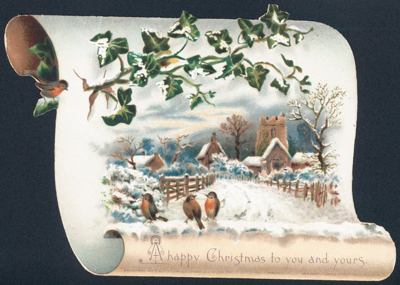 Scène de neige avec rouges-gorges et église, carte de Noël - English School