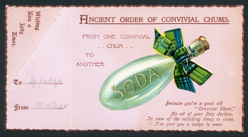 Bouteille de soda avec ruban tartan, carte de Noël - English School