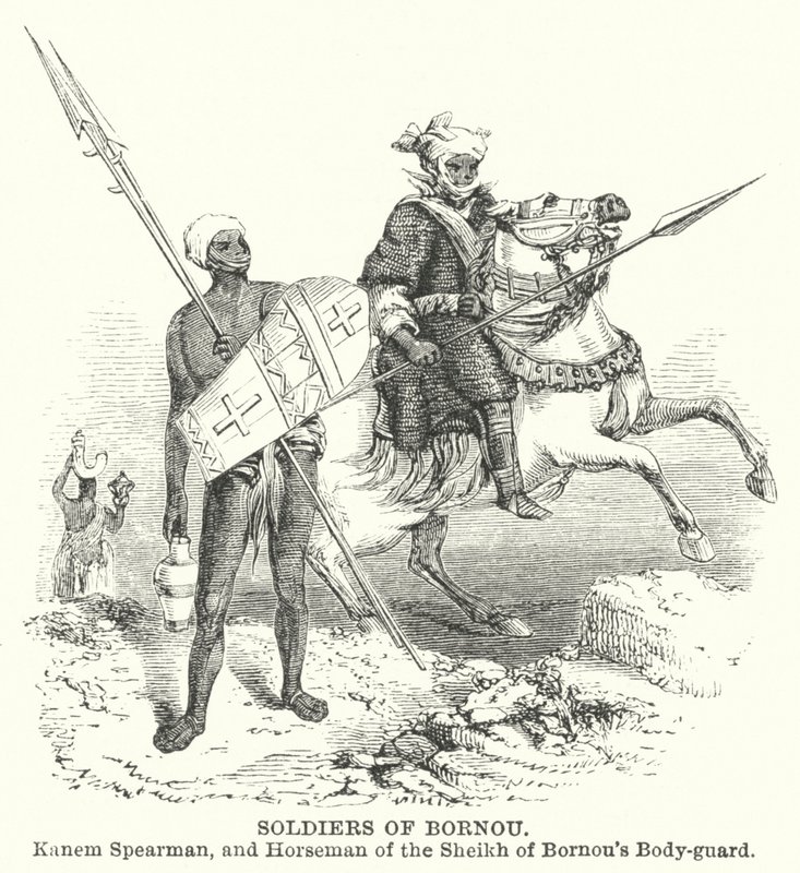 Soldats du Bornou, Kanem Spearman, et cavalier de la garde du corps du Cheikh du Bornou (gravure) - English School