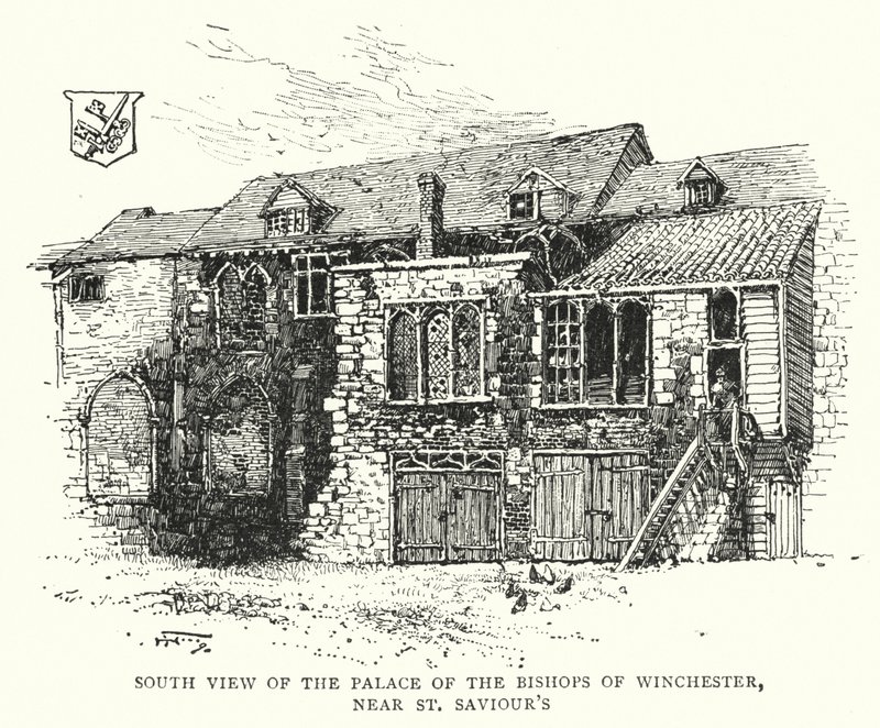 Vue sud du palais des évêques de Winchester, près de St Saviour