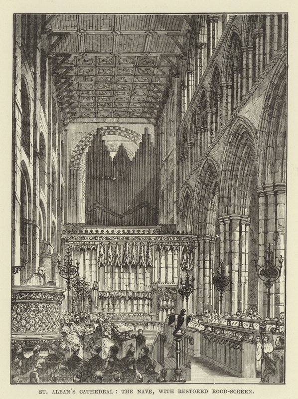 Cathédrale de St Albans, la nef, avec écran de jubé restauré - English School