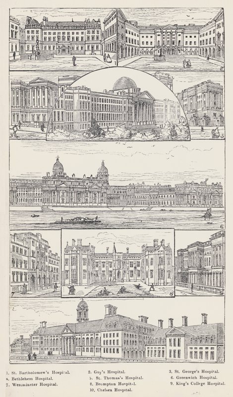 Hôpital Saint-Barthélemy, Hôpital Guy, Hôpital Saint-Georges, Hôpital de Bethléem, Hôpital Saint-Thomas, Hôpital de Greenwich, Hôpital de Westminster, Hôpital de Brompton, Hôpital du King