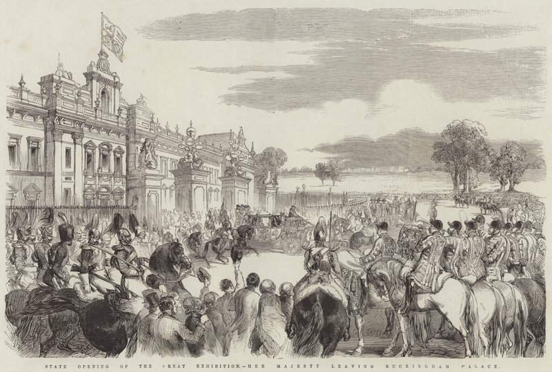 Ouverture officielle de la Grande Exposition, Sa Majesté quittant le palais de Buckingham (gravure) - English School