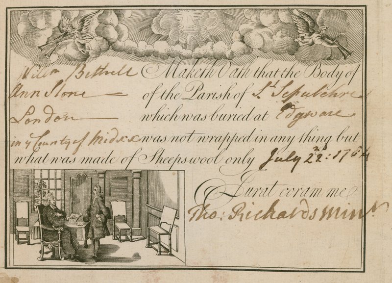 Déclaration que Ann Slone a été enterrée dans de la laine de mouton, 1784 - English School