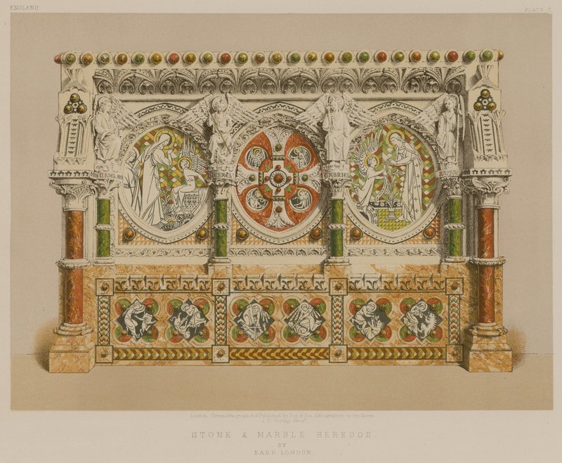 Fauteuil en pierre et marbre par Earp, Londres (chromolitho) - English School