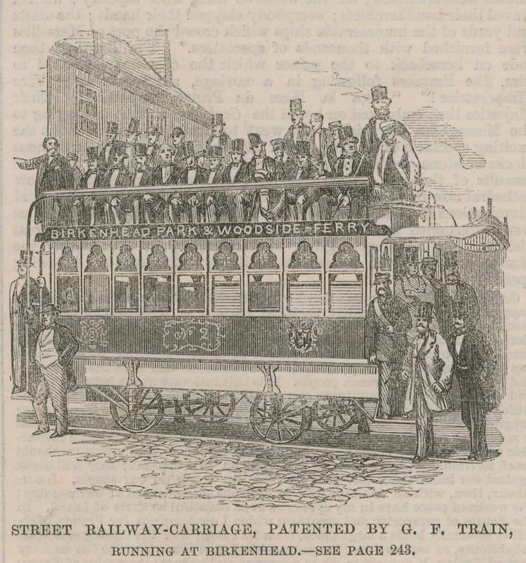 Voiture de chemin de fer de rue, brevetée par G F Train, en service à Birkenhead - English School