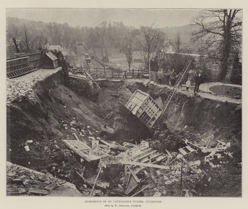Affaissement du tunnel de Sainte-Catherine, Guildford (gravure) - English School